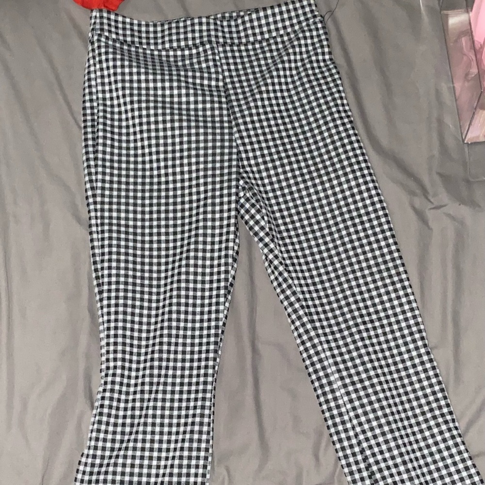 Black and white plaid high waisted pants. Bootcut